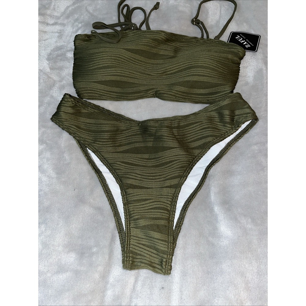 Zaful Lace Up Back Bikini Swimsuit Size S Olive Green Texture